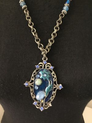 Cool unique pewter enamel statement, necklace, blue glass beads