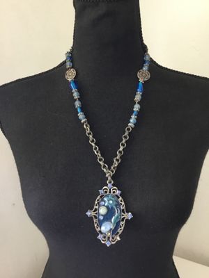 Cool unique pewter enamel statement, necklace, blue glass beads