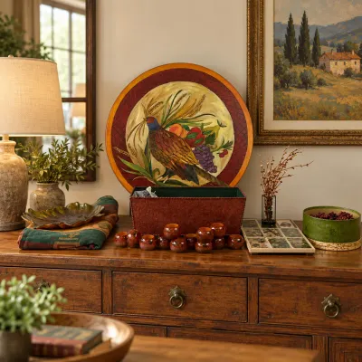 3627 Large Autumn Fall Décor Lot with STICKS Quail Lazy Susan