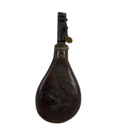 Antique Embossed Leather Shot Flask with Brass Charger - 3 lbs