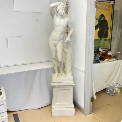 Classical-Style Carved Marble Male Nude Sculpture on Composite Pedestal