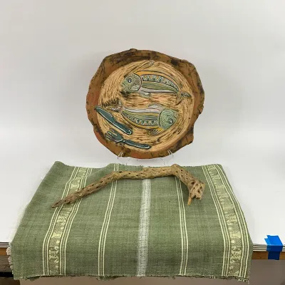 3613 Signed Astacio 1990 Puerto Rico Hand-Painted Fish Pottery Platter with Textile & Cholla Wood