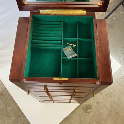 3693 Vintage Standing Wooden Jewelry Armoire with Mirror and Keys