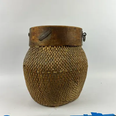 3640 Antique Chinese Woven Reed River Basket with Wood Rim & Iron Rings