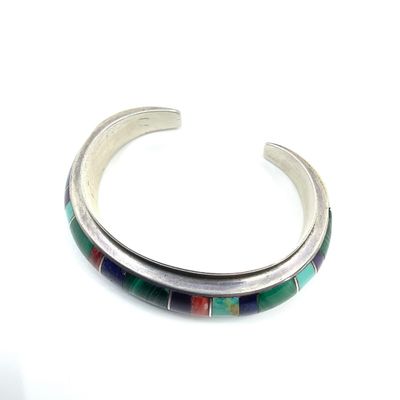 Chad Hoskie Native American Sterling Silver Multi-Stone Inlay Cuff Bracelet