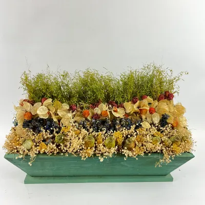 3629 Large Dried Floral & Botanical Arrangement in Green Wooden Planter