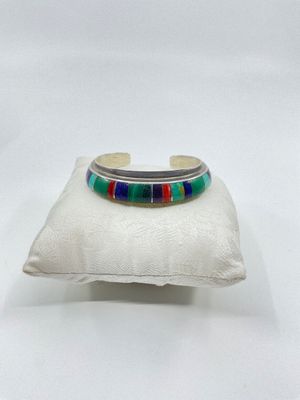 Chad Hoskie Native American Sterling Silver Multi-Stone Inlay Cuff Bracelet