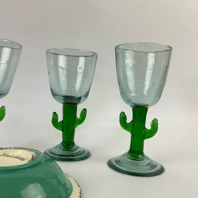 3608 Southwestern Cactus Stem Goblets & Hand-Painted Salsa Bowl – 5-Piece Set