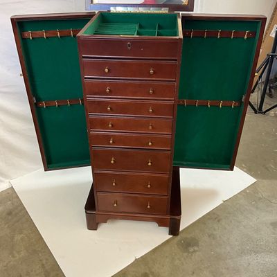3693 Vintage Standing Wooden Jewelry Armoire with Mirror and Keys