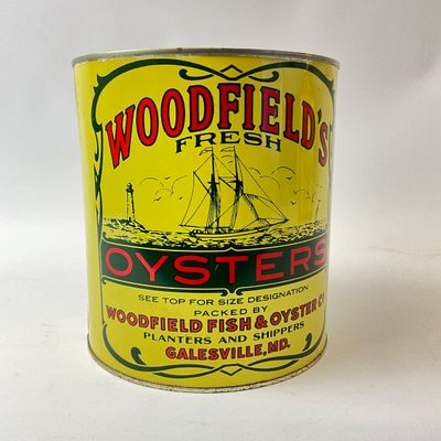 Vintage Woodfield's Fresh Oysters 1 Gallon Tin Can - Galesville, MD