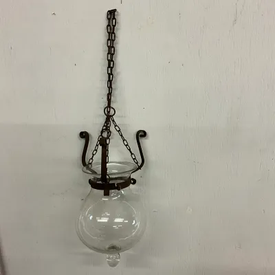 3639 Vintage Hanging Glass Lantern / Planter with Wrought Iron Chain