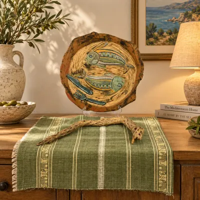 3613 Signed Astacio 1990 Puerto Rico Hand-Painted Fish Pottery Platter with Textile & Cholla Wood