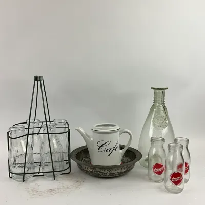 3641 Vintage Café & Milk Bottle Kitchen Décor Lot with Wire Carrier