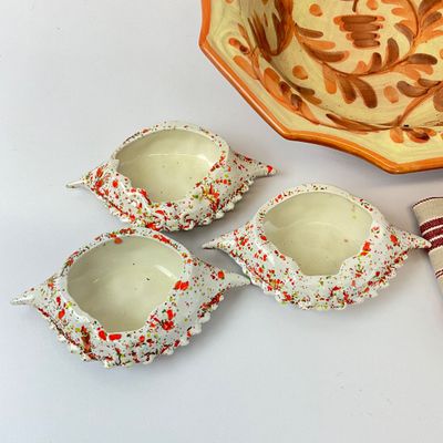 Italian Ceramic Serving Bowl, Covered Tureen, Crab Ramekins & Linens