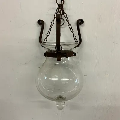3639 Vintage Hanging Glass Lantern / Planter with Wrought Iron Chain