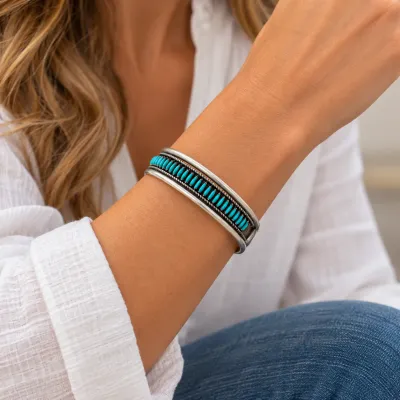 Zuni Edith Tsabetsaye Sterling Silver Turquoise Needlepoint Cuff Bracelet