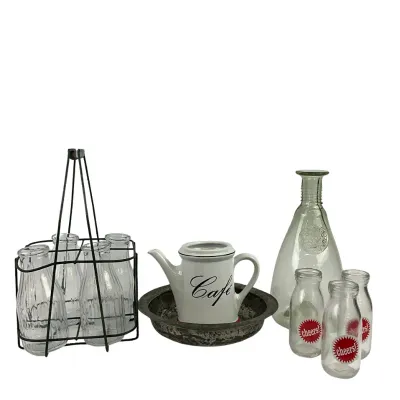 3641 Vintage Café & Milk Bottle Kitchen Décor Lot with Wire Carrier