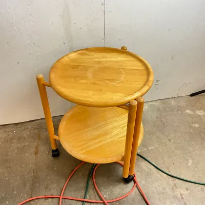 3615 Vintage Mid-Century Modern 2-Tier Wood Rolling Bar / Serving Cart with Removable Round Trays