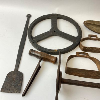 Vintage & Antique Cast Iron Farm Tools, Horse Tack & Cobbler Last Grouping