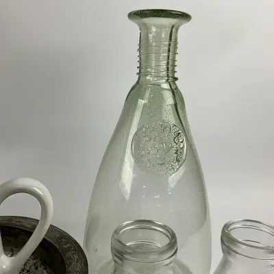 3641 Vintage Café & Milk Bottle Kitchen Décor Lot with Wire Carrier
