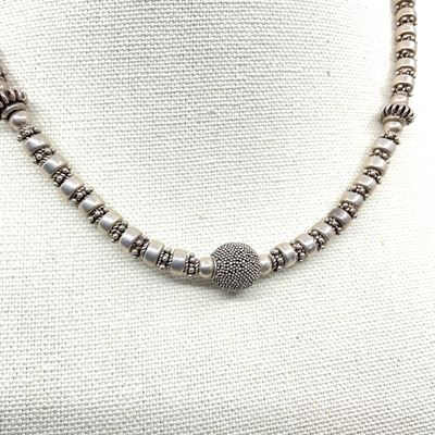 Vintage Sterling Silver Beaded Necklace with Granulated Focal Bead