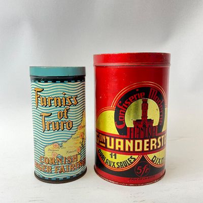 Vintage Furniss of Truro & Confiserie Moderne Vandersteene Litho Tins - Set of 2