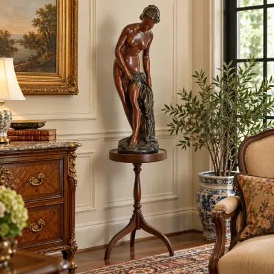 Art Nouveau Style Female Nude Sculpture with Drapery on Wooden Pedestal Stand