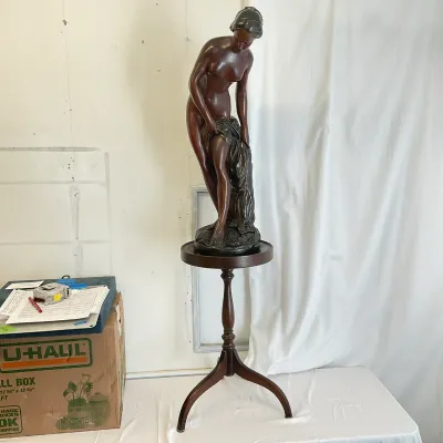 Art Nouveau Style Female Nude Sculpture with Drapery on Wooden Pedestal Stand
