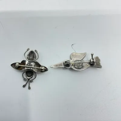 3032 Pair Sterling Silver Figural Brooches – Bird & Coral Bug Pins