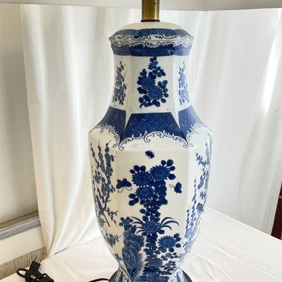 Vintage Blue and White Porcelain Hexagonal Table Lamp with Shade