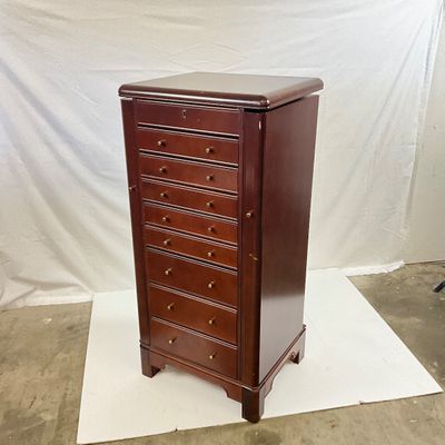 3693 Vintage Standing Wooden Jewelry Armoire with Mirror and Keys