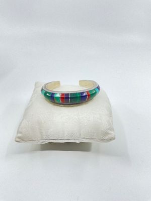 Chad Hoskie Native American Sterling Silver Multi-Stone Inlay Cuff Bracelet