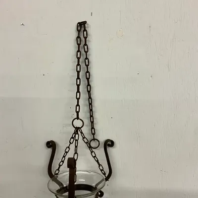 3639 Vintage Hanging Glass Lantern / Planter with Wrought Iron Chain