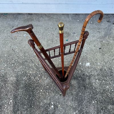 3701 Vintage Wooden Umbrella Stand with Three Walking Canes