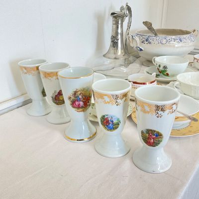 Assorted Antique Ceramic & Glass Tableware Set with Decanter and Tureen
