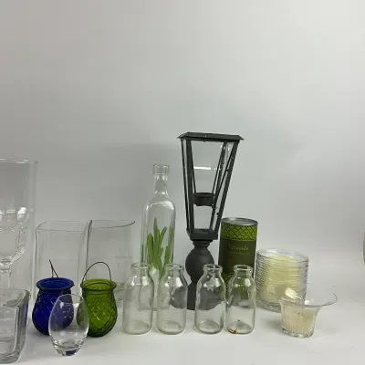 3628 Large Glass Home Décor & Candleholder Lot with Lantern