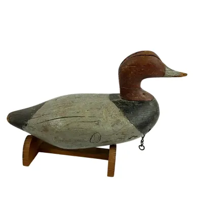 3655 Vintage Hand-Carved Wooden Duck Decoy with Display Stand – Heavily Weathered