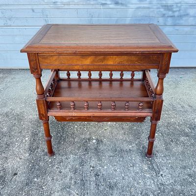 3705 Vintage Wooden Two-Tier Side Table with Spindle Gallery & Drawer