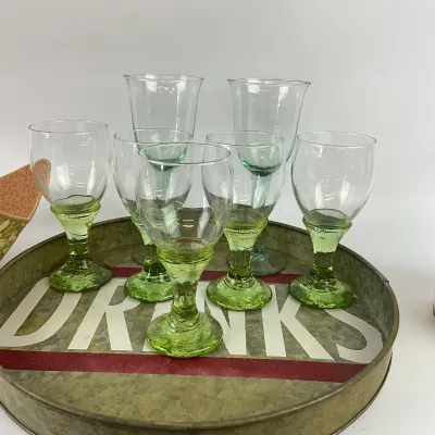 3616 Vintage Barware Lot – Green Stem Glasses, Drinks Tray & Vino Bucket