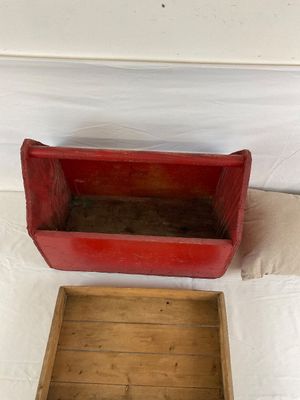 Vintage Red Wooden Tool Caddy, Shallow Tray, and Sawyer Mills Pillow
