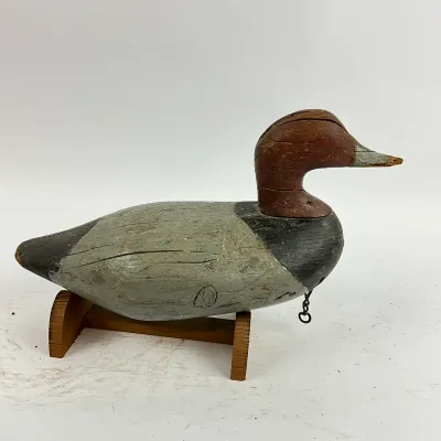 3655 Vintage Hand-Carved Wooden Duck Decoy with Display Stand – Heavily Weathered
