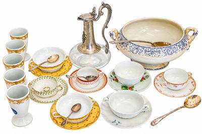 Assorted Antique Ceramic & Glass Tableware Set with Decanter and Tureen
