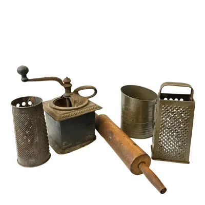 Vintage & Antique Kitchenware Lot - Coffee Grinder, Sifter, Graters & Roller