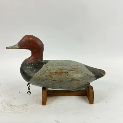 3655 Vintage Hand-Carved Wooden Duck Decoy with Display Stand – Heavily Weathered