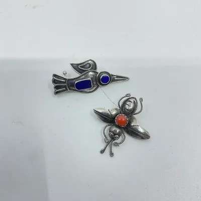 3032 Pair Sterling Silver Figural Brooches – Bird & Coral Bug Pins