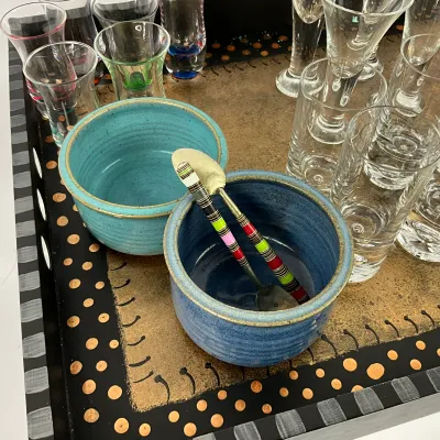 3611 Assorted Cocktail & Barware Lot with Decorative Serving Tray, Glasses & Pottery Bowls