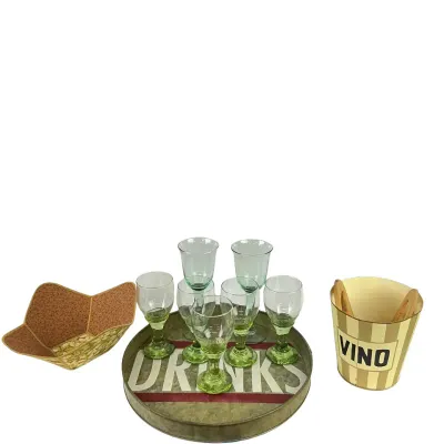 3616 Vintage Barware Lot – Green Stem Glasses, Drinks Tray & Vino Bucket