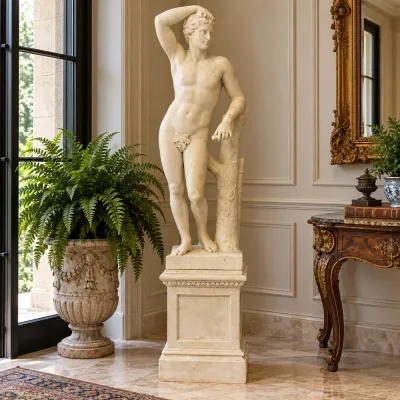Classical-Style Carved Marble Male Nude Sculpture on Composite Pedestal
