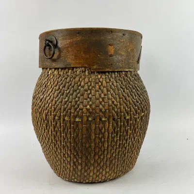 3640 Antique Chinese Woven Reed River Basket with Wood Rim & Iron Rings