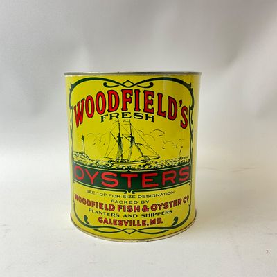 Vintage Woodfield's Fresh Oysters 1 Gallon Tin Can - Galesville, MD